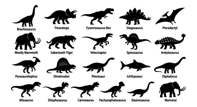 Prehistoric Creatures Vector Silhouettes: Dinosaur Icons, Mammoth, Saber-tooth Tiger, and Marine Reptiles, Ancient Wildlife Collection for Educational and Design Projects