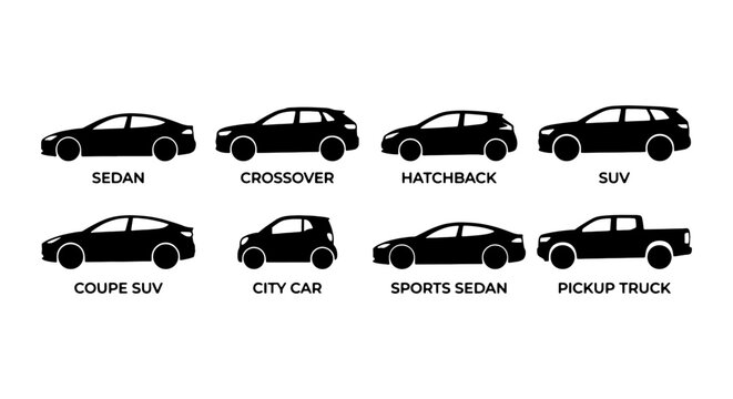 Diverse Car Types Vector Set: Sedan, Crossover, Hatchback, SUV, Coupe SUV, City Car, Sports Sedan, Pickup Truck Icons
