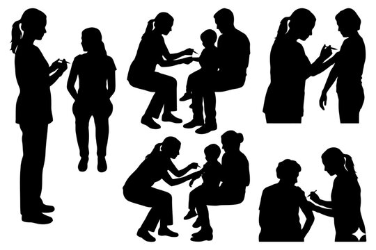 Silhouettes of medical professionals administering vaccines to diverse patients.