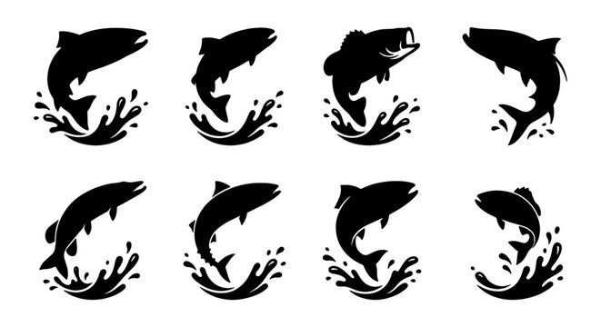 Salmon Jumping Vector Icons, Dynamic Fish Silhouettes in Water Splashes, Aquatic Wildlife Graphics, Seafood and Fishing Motifs, Set of 8 Black and White Illustrations