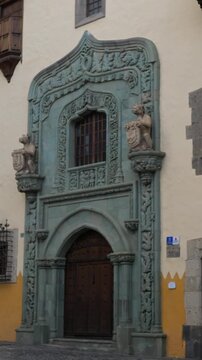 Detailed view of the historic green stone portal of Casa de Colon, Christopher Columbus House, in Vegueta old town, Las Palmas