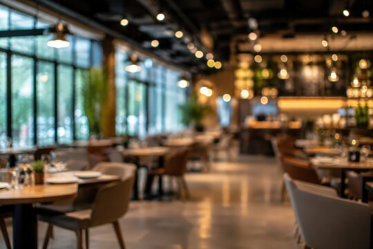 Blurred restaurant interior cafe background bokeh lighting modern dining room luxury bistro atmosphere warm aesthetic upscale eatery hospitality design