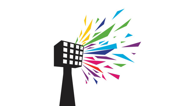 Abstract illustration of a stadium floodlight emitting colorful geometric light shards.