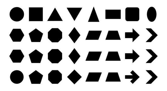 Geometric Shapes Vector Set, Basic Forms Collection, Simple Icons, Black and White Design Elements for Graphic Resources, Digital Art, and Web Design