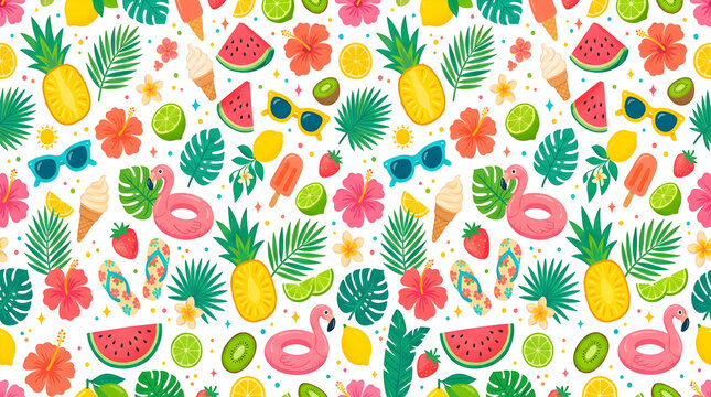 Vibrant summer seamless pattern with tropical fruits, flamingos, hibiscus flowers and beach accessories on white background