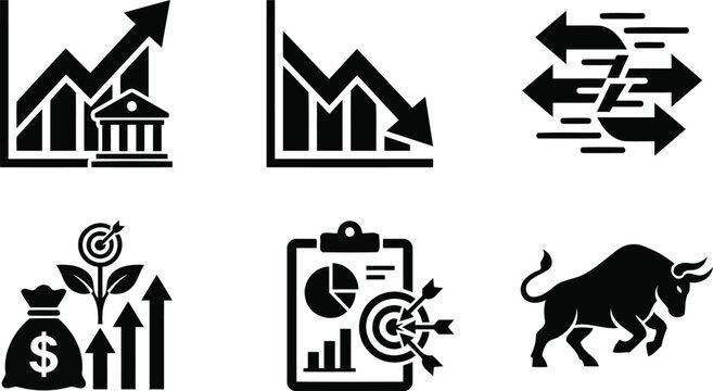 Business and Financial Growth Icon Set with Stock Market Charts Bull and Success Symbols