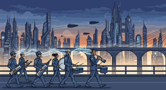 Futuristic cityscape with marching band performing on bridge at sunset with flying cars
