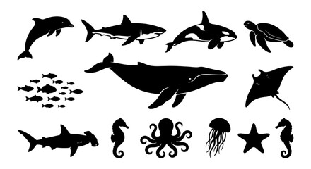 Marine Life Silhouette Collection: Diverse Ocean Animals Vector Set, Aquatic Creatures for Design © Jahidul