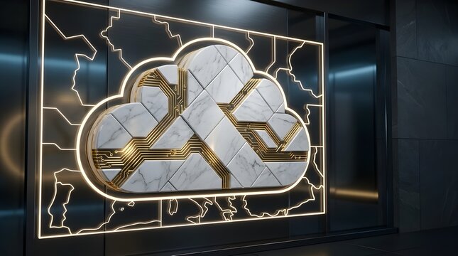 Luxury Marble Cloud Computing Icon with Golden Circuitry on Modern Architecture Wall Background