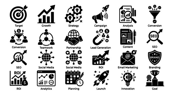 Business Strategy Icons: Target, Growth, Campaign, Analysis, Conversion, SEO, Teamwork, Partnership, Content, ROI, Planning, Launch, Innovation, Branding, Goal