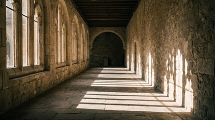 Obraz premium Long empty stone monastery hallway with dramatic parallel afternoon shadow bars on floor