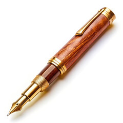 Fototapeta premium Vintage Wooden Fountain Pen with Gold Accents Resting on White Background