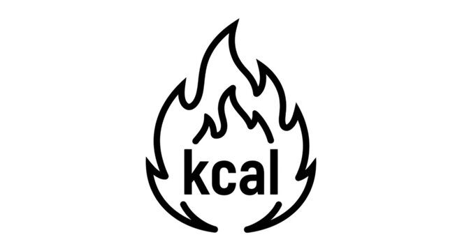 A stylized vector image featuring the text kcal inside a flame symbol used to represent calorie burning, energy expenditure, metabolism, and fitness.