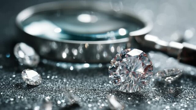 Jewelers examining and sorting brilliant cut diamonds with tweezers and a loupe