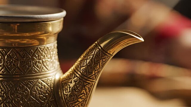 Closeup of an ornate antique brass coffee pot with intricate patterns.