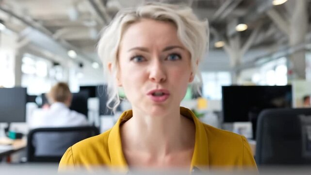 Blonde woman screaming and expressing anger, frustration, and stress at the workplace