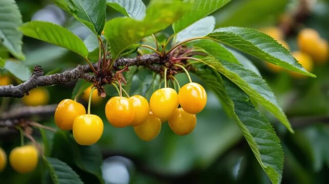 Yellow cherries growing on a branch with green leaves in an orchard