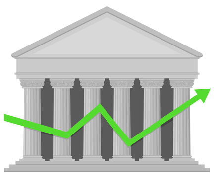 Rising green stock market arrow showing recovery and growth over a classical bank building, representing financial success, investment gains, and economic stability. (cut out)
