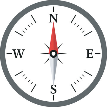 Classic navigational compass flat vector illustration with a magnetic red needle pointing north, perfect for travel adventure branding, outdoor exploration graphics, geography maps, and guidance icons