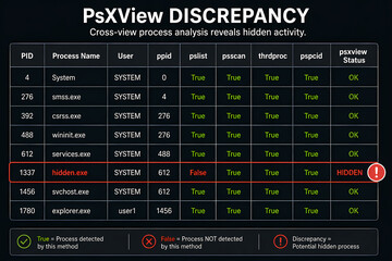 Fototapeta premium This image displays a table highlighting a potential hidden process named 'hidden.exe' identified through cross-view process analysis.