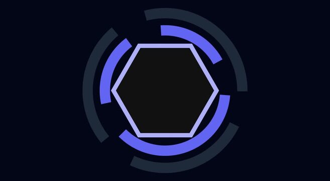 Futuristic HUD interface with rotating blue rings, high-tech hexagon loading animation, digital sci-fi UI element for gaming and technology videos