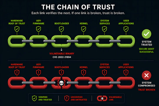 This illustration demonstrates the concept of a chain of trust in computing, showing how system integrity is maintained or broken.