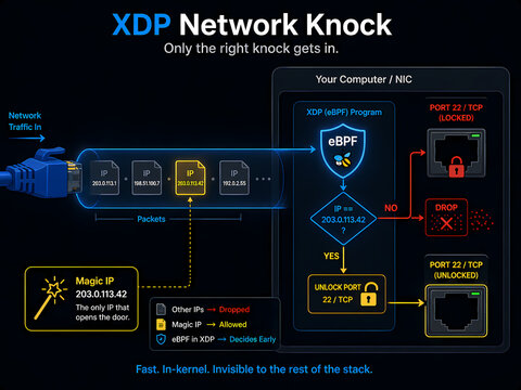 XDP network knock system visualizes packet filtering and access control for secure port access.