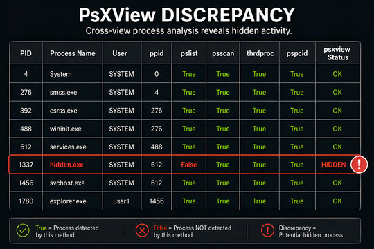This image displays a table highlighting a potential hidden process named 'hidden.exe' identified through cross-view process analysis.