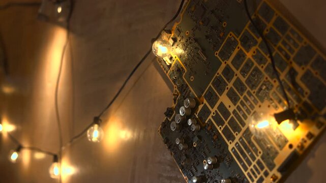 Closeup Of Glowing Electronic Components. DIY Upcycled Warm Lighting Art Featuring Circuit Elements . Media