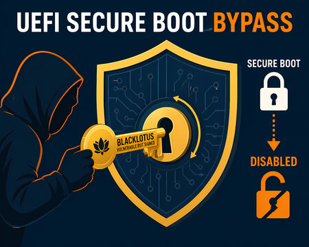 A hooded figure uses a key labeled 'Blacklotus' to bypass a digital shield representing secure boot.