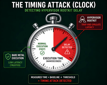 A diagram illustrates how a timing attack detects hypervisor rootkit delay by measuring execution time.
