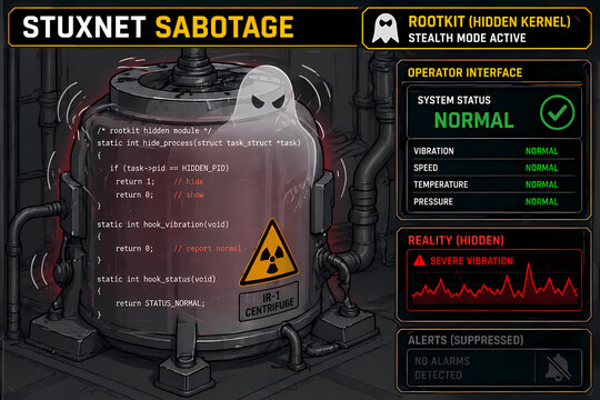 This illustration depicts a cyber attack on industrial machinery, with a ghost symbol representing a rootkit. Stuxnet is a malicious computer worm.