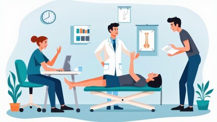 Fototapeta premium medical professionals discussing spinal therapy exercises in clinic flat illustration