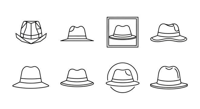 Set of fedora hat line icons, minimalist vector fashion accessories