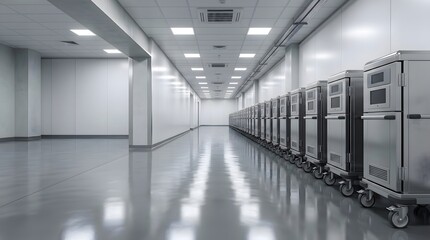 Fototapeta premium modern hospital logistics corridor with mobile temperature controlled medical transport carts and sterile healthcare environment