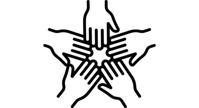Creative circular vector image depicting five hands joined together at the center to represent global teamwork, unity, and diverse community collaboration efforts.