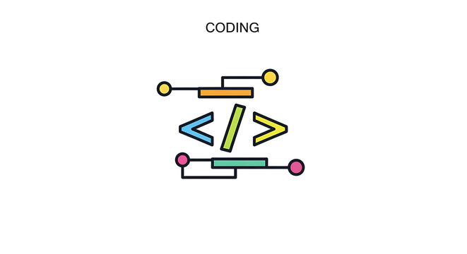 Illustration of coding symbols with colorful brackets and connectors on a white background
