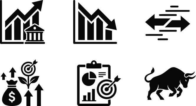 Financial Market and Business Growth Icon Set Featuring Bull Market Charts and Success Metrics