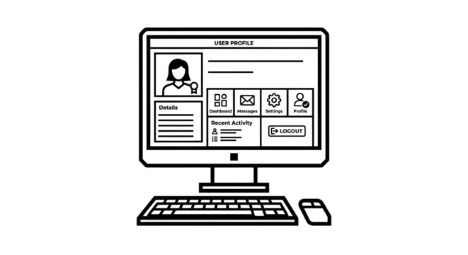 A detailed vector image showing a desktop computer monitor displaying a comprehensive user profile interface with dashboard icons, messages, settings, and logout options.