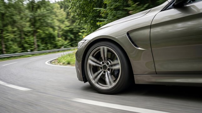 Luxury silver car driving fast around winding mountain road curve with motion blur, dynamic driving in green forest landscape.
