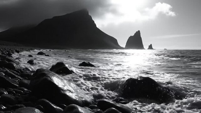 Dramatic black and white seascape with crashing waves against rocky coast with mountains in background