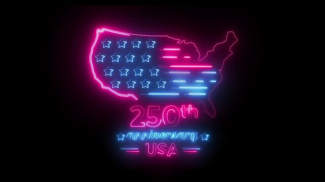 United States of America glowing neon map 250th anniversary concept, featuring American flag, stars  4th july Independence Day of the USA Anniversary Declaration of Independence