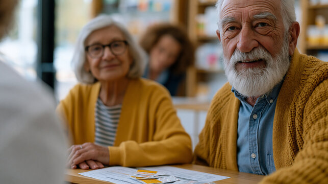 Elderly patient couple sits across from pharmacist at consultation table reviewing printed polypharmacy medication schedule, adherence packaging samples spread on desk, natural light filtering into 