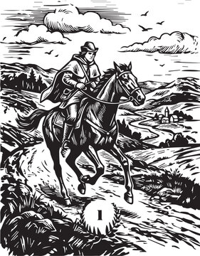 Lenormand Oracle Card 1 The Rider Vector Illustration. Woodcut Style Messenger on HorsebackBlack and white vector engraving of the Lenormand oracle card "The Rider" . Features a messenger 