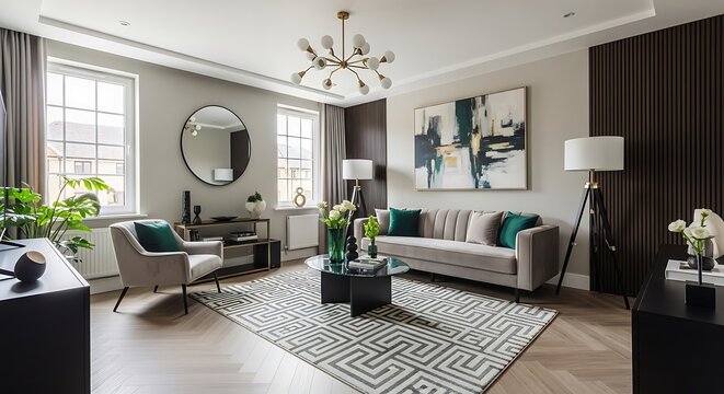 A stylish living room with a gray sofa, patterned rug, round mirror, and modern lighting fixture
