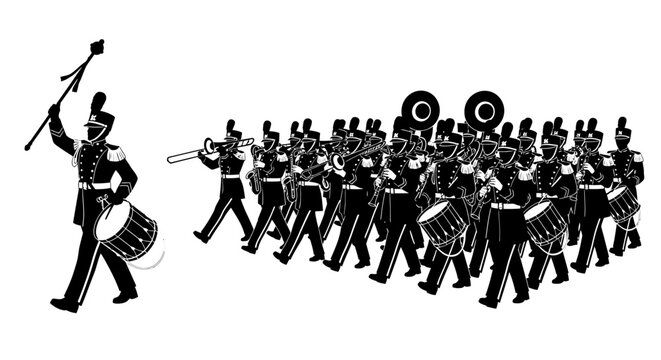 Marching band performing in uniform with drums and trumpets in a parade formation on white background