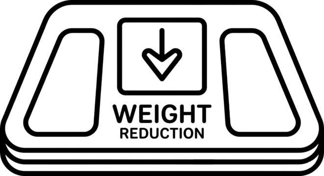 Line art vector image of a weight scale featuring an arrow pointing down and the text weight reduction on the platform surface.