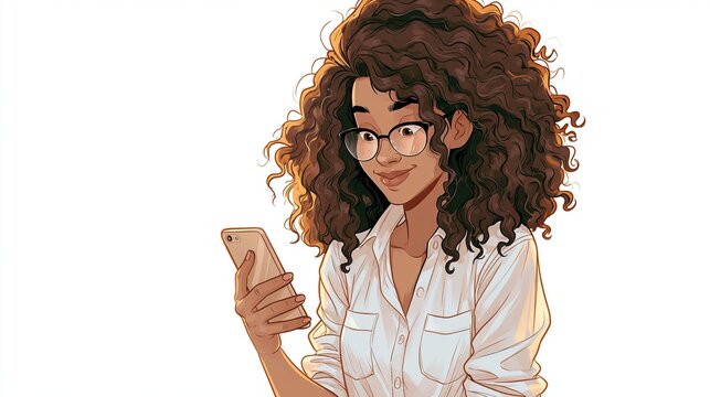 A young woman with curly hair and glasses looks at her phone with a smile on her face.