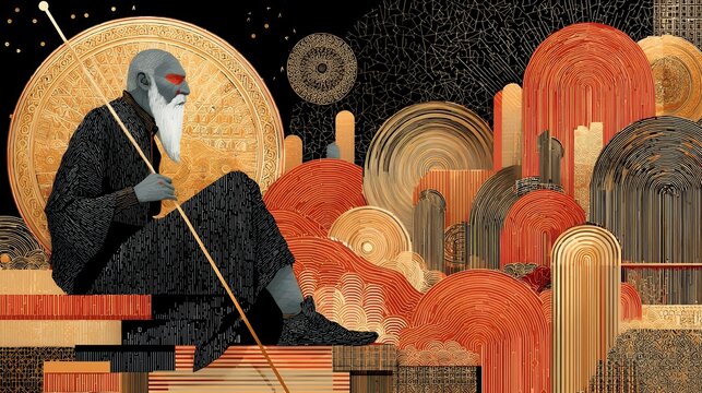 Sant Guru Kabir Jayanti, deep symbolic flat illustration, Memphis geometry fused with boho spiritual ornament, abstract woven threads transforming into cosmic pathways
