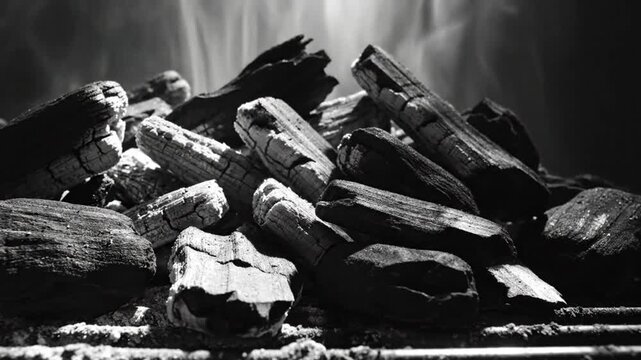 Black and white close up of burning charcoal briquettes on a barbecue grill with smoke and flames in the background